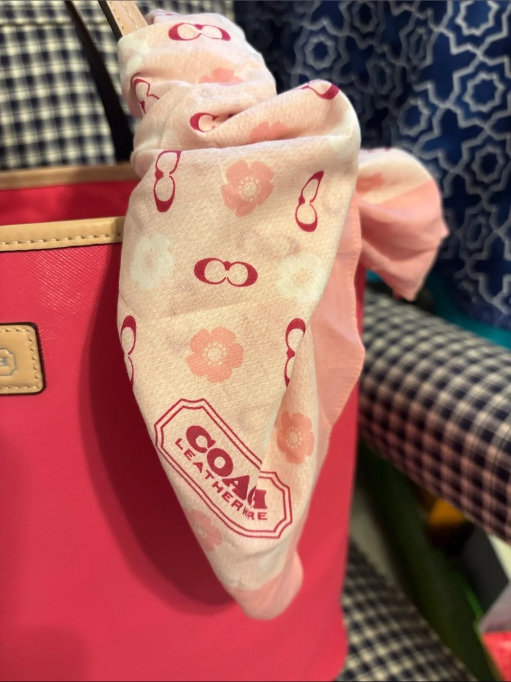 Coach Metro Pink Tote with Tan Trim comes with coach cotton scarf